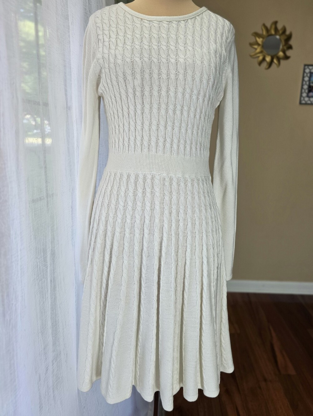 Calvin Klein Cream Cable Knit Fit Flare Sweater Dress Long Sleeve Size Mediun